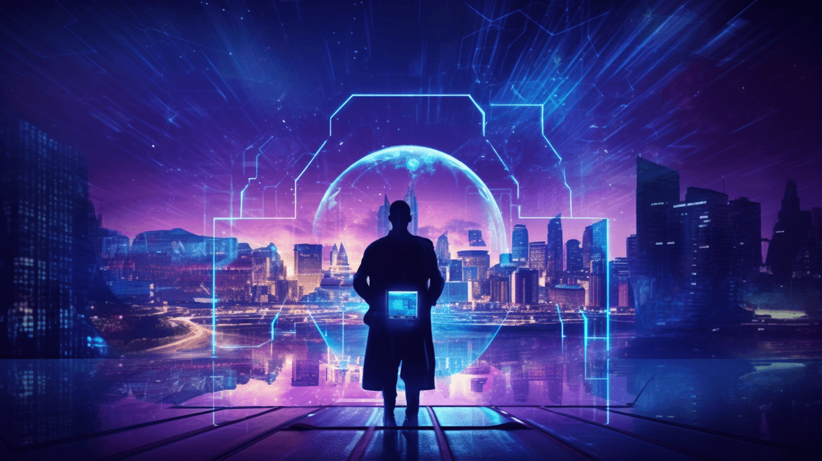 Shield icon integrated into a digital transformation workflow with secure data flow indicators