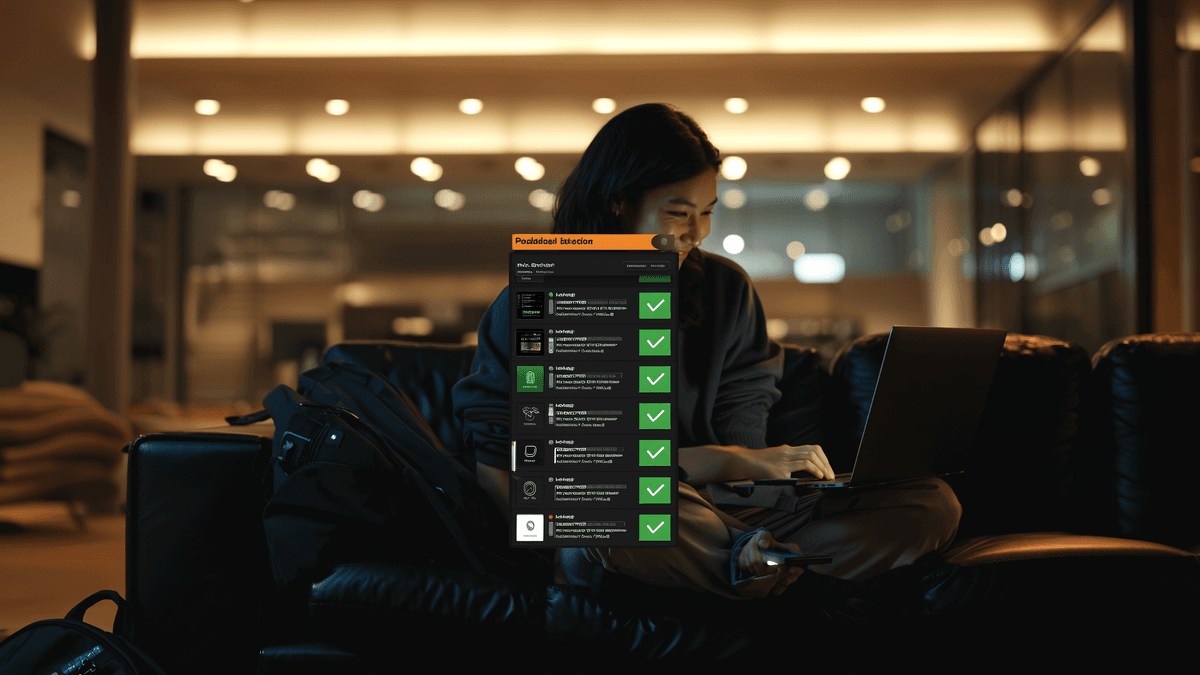 Developer on leather couch reviewing deployment dashboard on laptop with satisfied expression