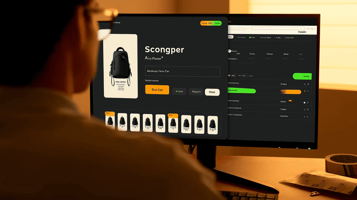 E-commerce storefront and admin dashboard viewed over operator's shoulder with packing materials nearby