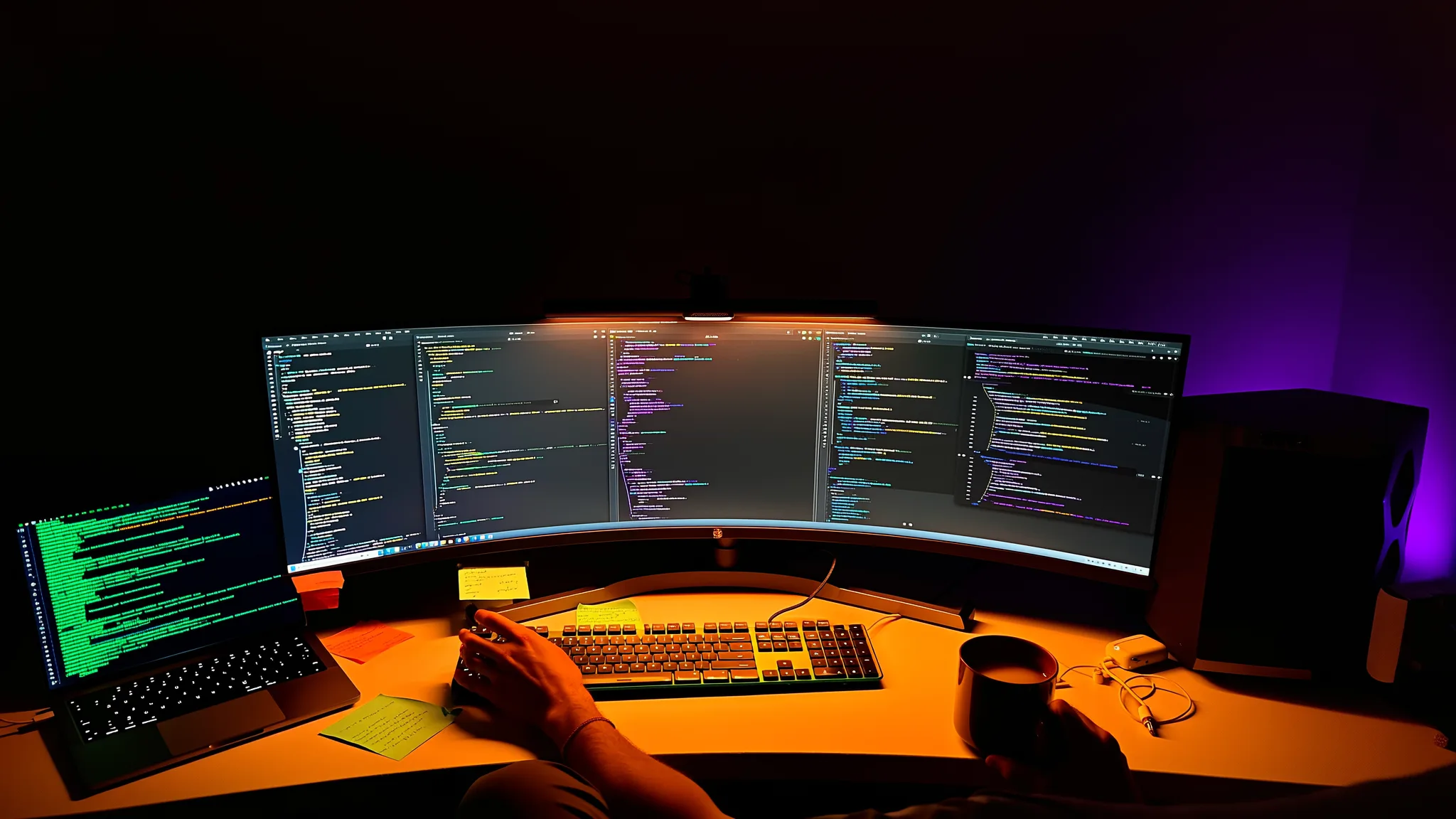 Engineering team workspace with AI coding agents autonomously handling reviews and deployments