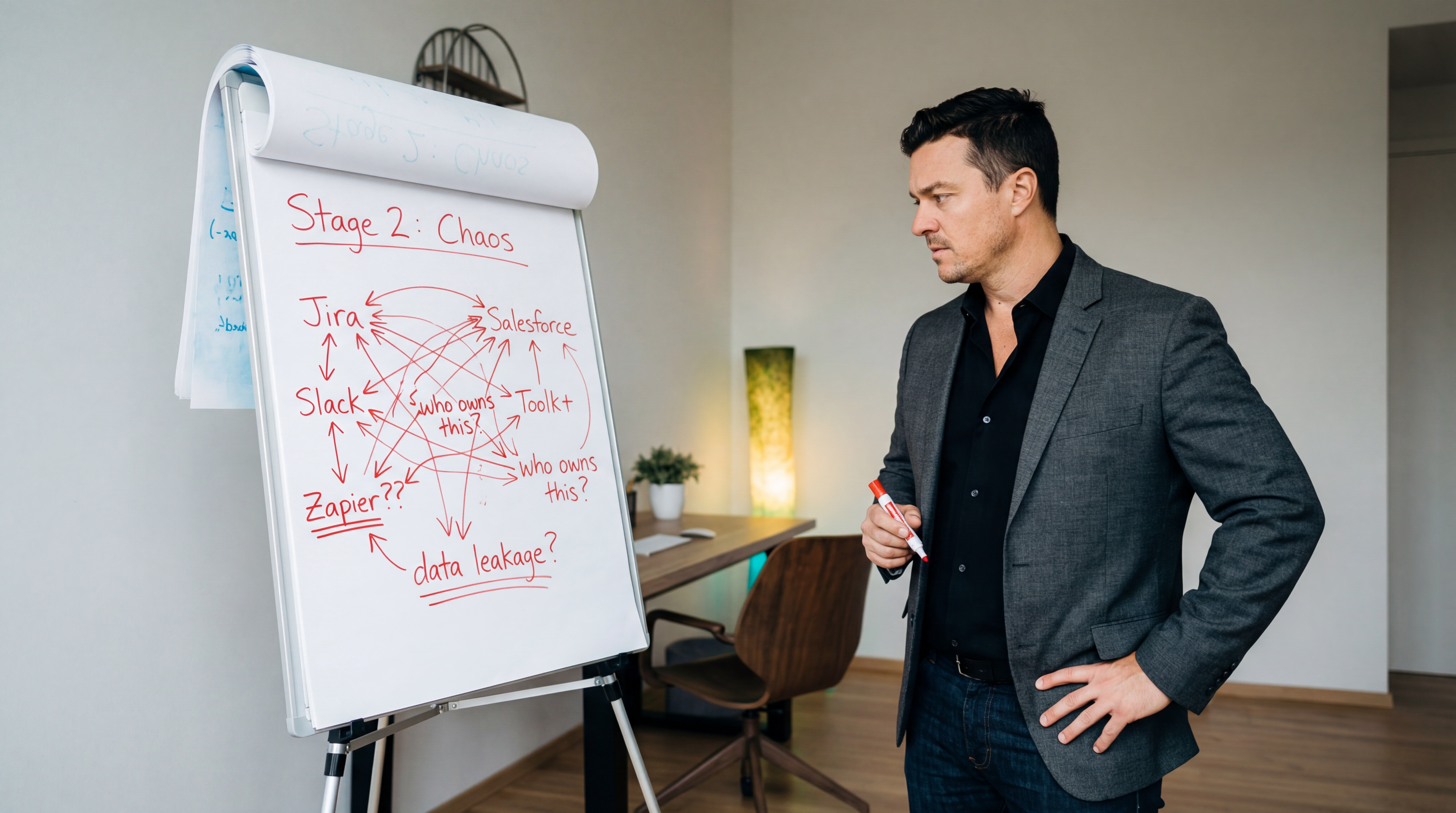 Whiteboard showing Stage 2: Chaos with a tangled web connecting Jira, Slack, Zapier, Salesforce, and questions about data leakage and ownership