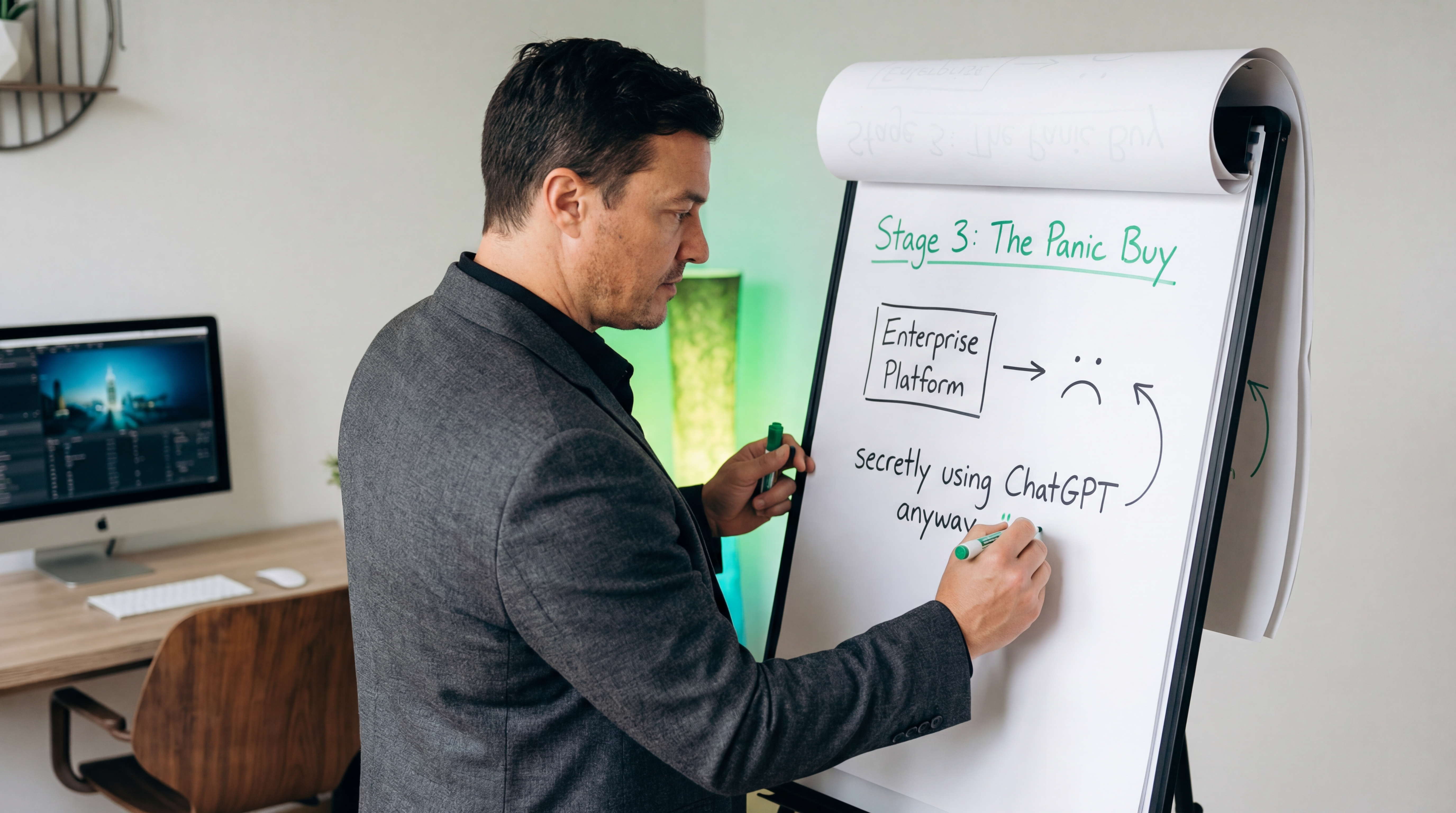 Whiteboard showing Stage 3: The Panic Buy with an Enterprise Platform box, an arrow to a frowning face, and the note secretly using ChatGPT anyway