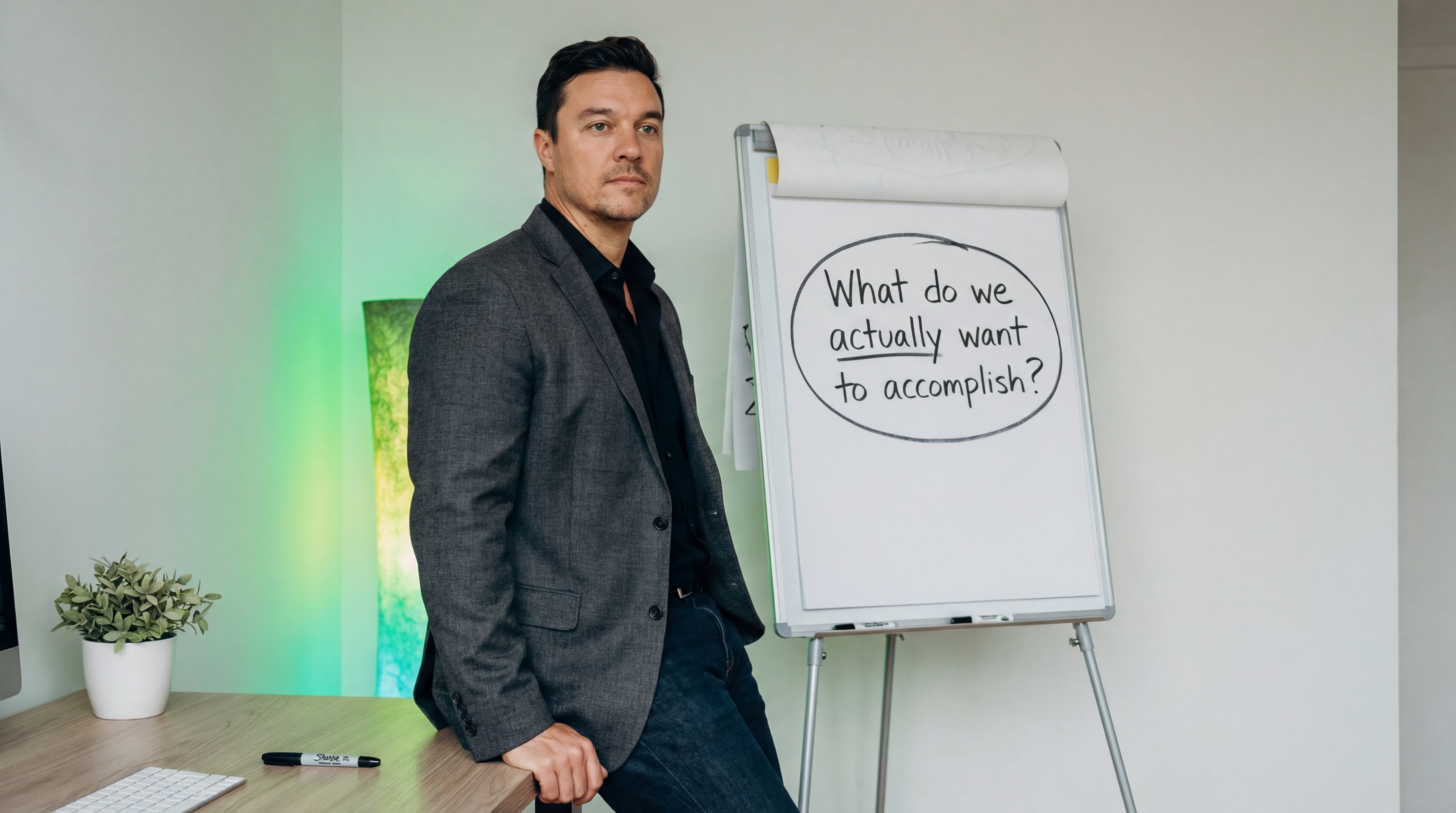 Person standing next to a whiteboard with the question What do we actually want to accomplish circled in marker