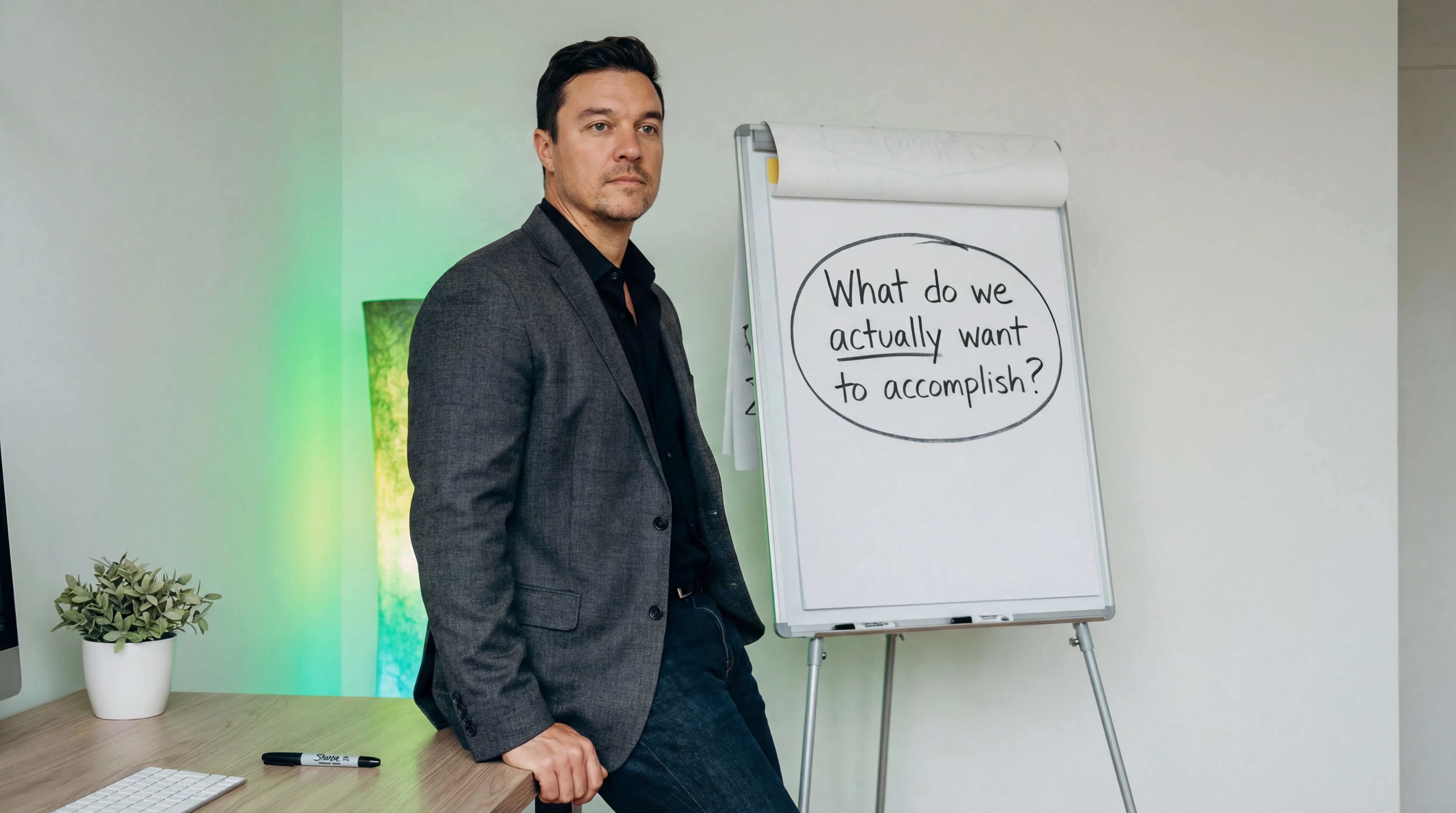 Whiteboard with the question 'What do we actually want to accomplish?' circled in marker