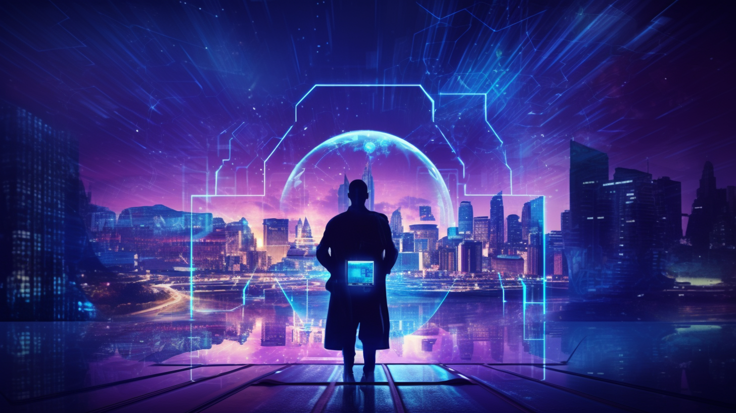 Shield icon integrated into a digital transformation workflow with secure data flow indicators