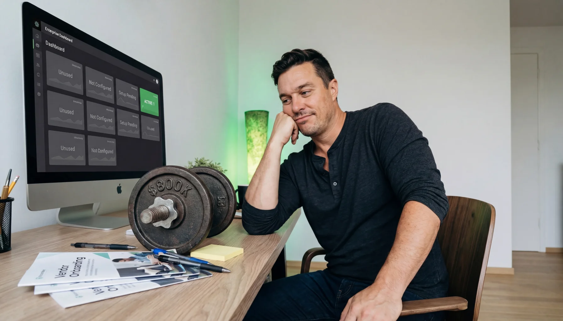 Man at desk with oversized $800K iron weight beside enterprise dashboard showing unused and unconfigured modules