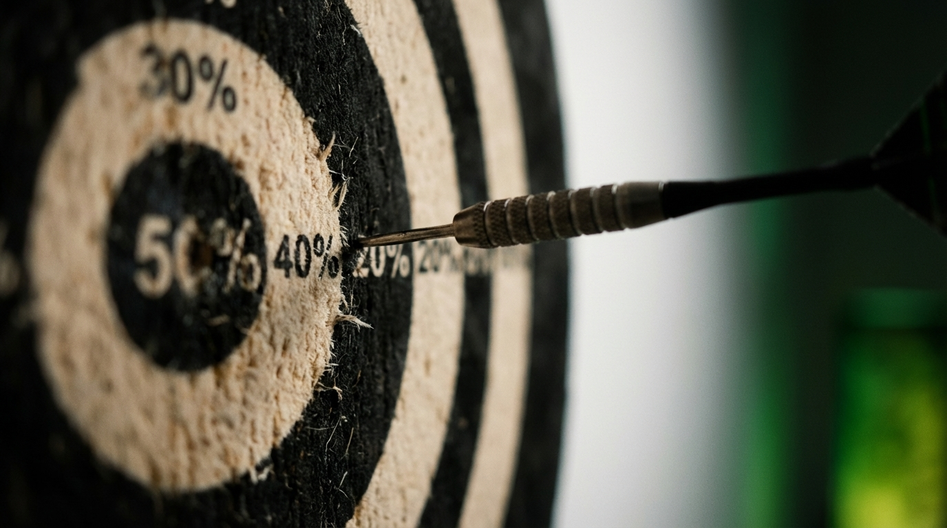 Dartboard with percentage rings and a dart landing at the 20% mark, not the bullseye