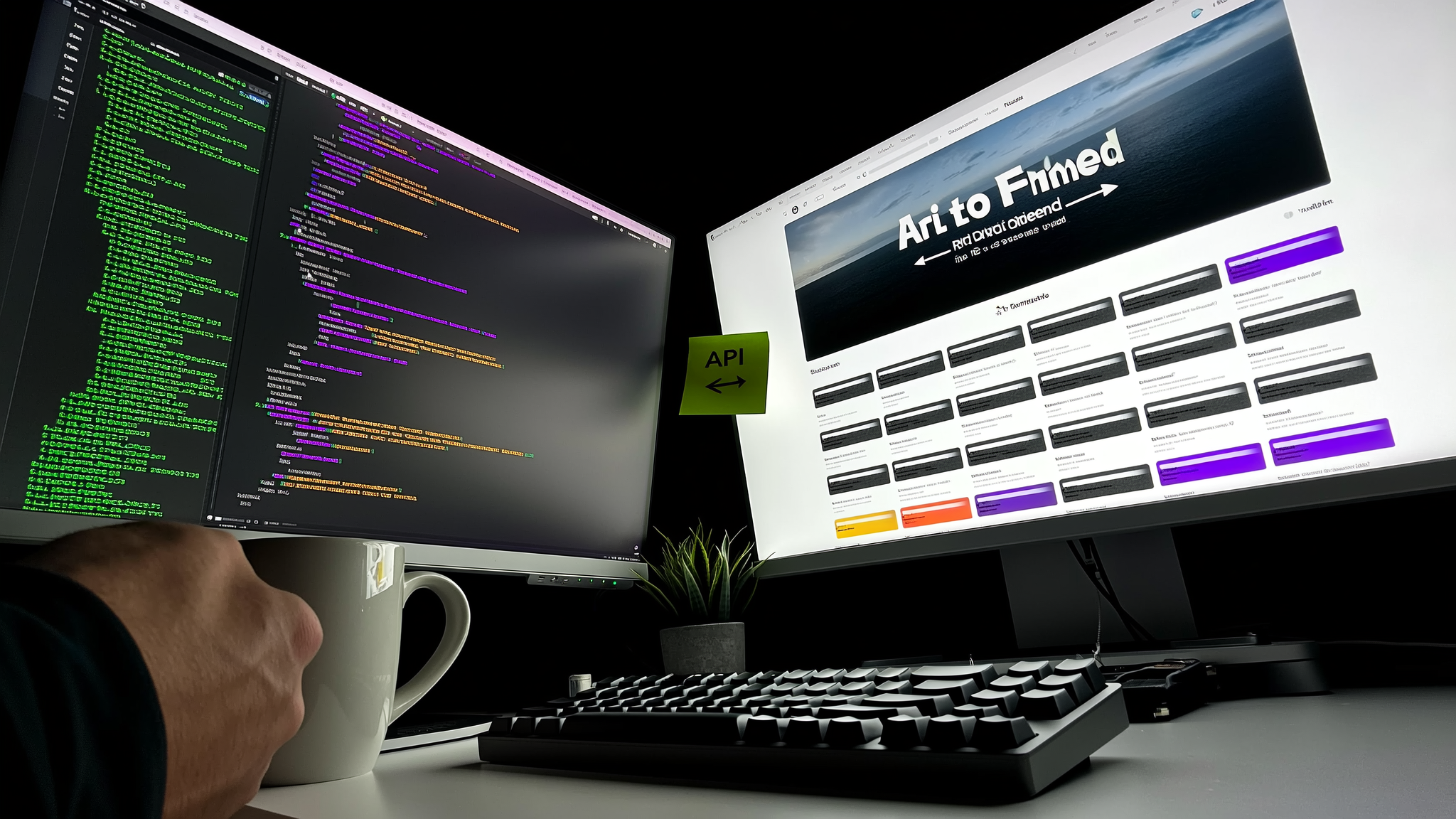 Developer's dual-monitor setup showing code editor and content preview with sticky note bridging them