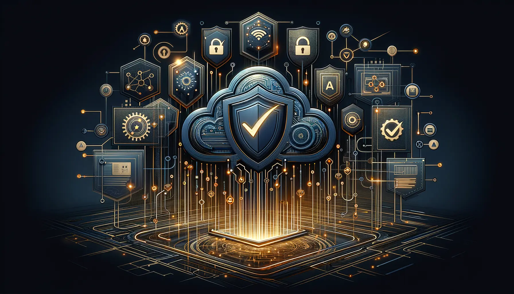 Security architecture diagram with data flow controls, encryption layers, and compliance checkpoints