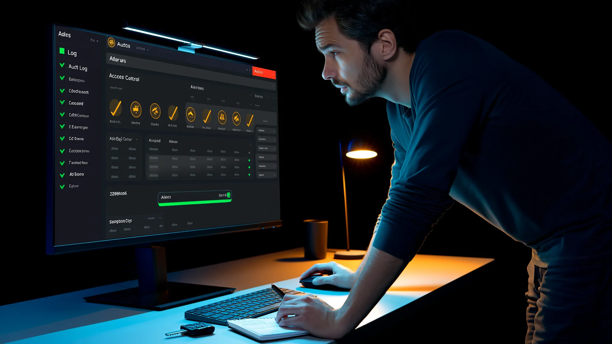Security layers wrapping an AI application with encryption, audit logs, and access controls