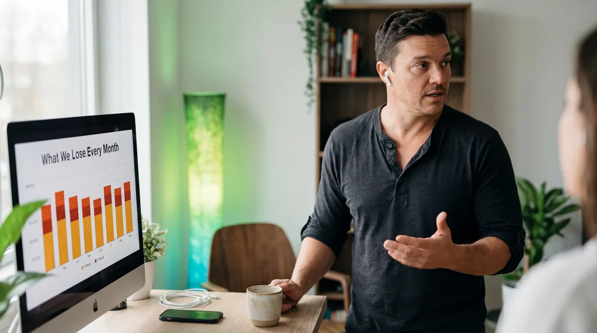 ADAM at standing desk explaining the cost of delay pitch with open palm gesture