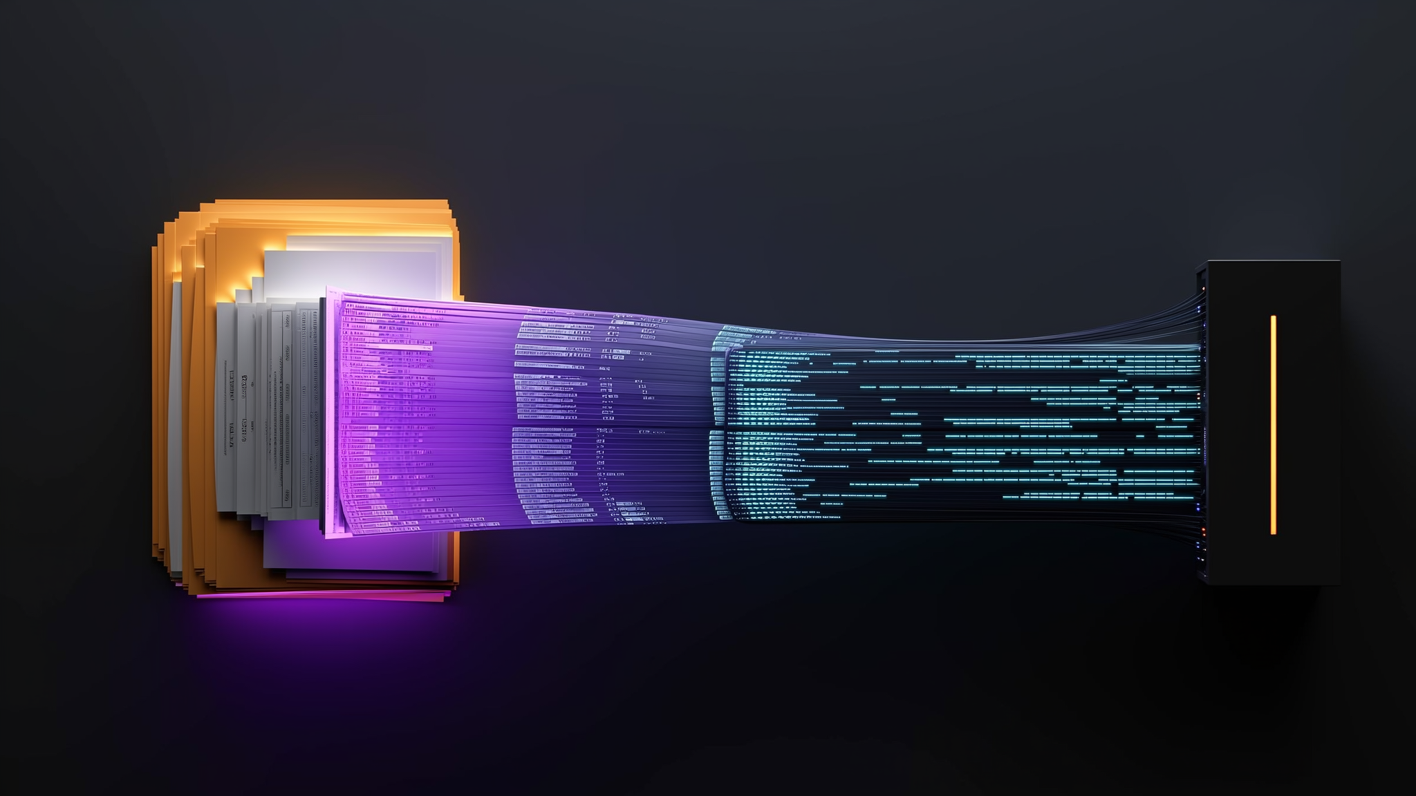 A stack of paper claims forms being scanned into a digital pipeline