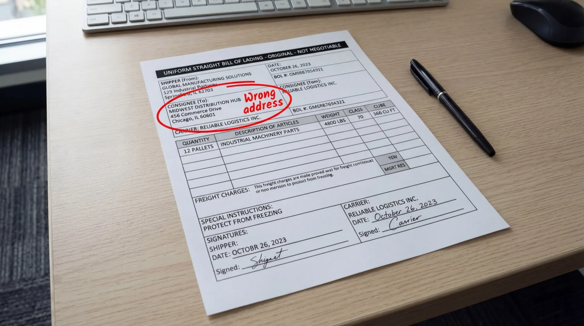 Bill of lading on a desk with wrong address circled in red, pen alongside